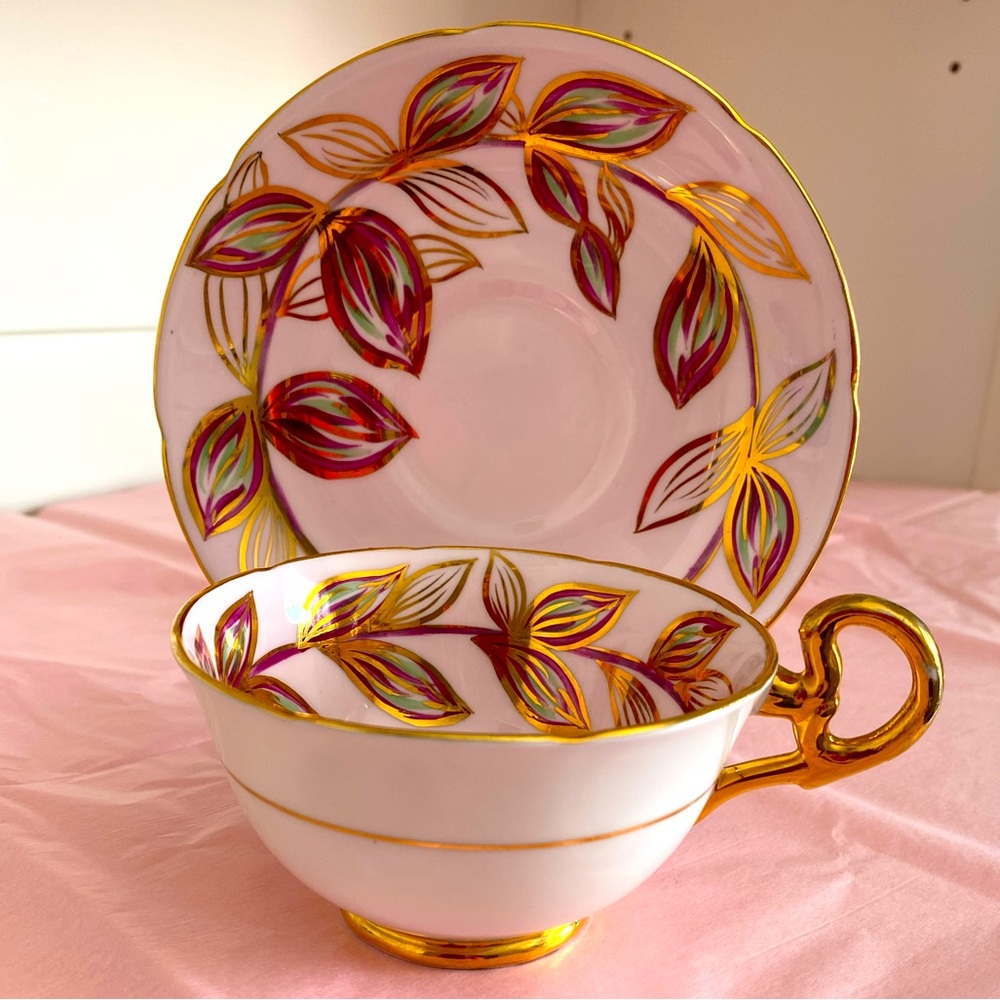 Royal Grafton Bone China Teacup and Saucer in Pink with Gold and Purple Leaves